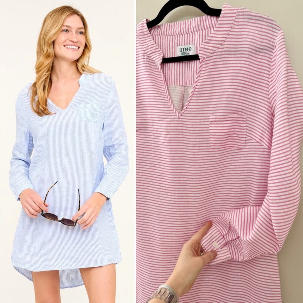 HIHO Resortwear Beachy Capsule 100% Linen Bananakeet Pink Stripe Shirt Dress M